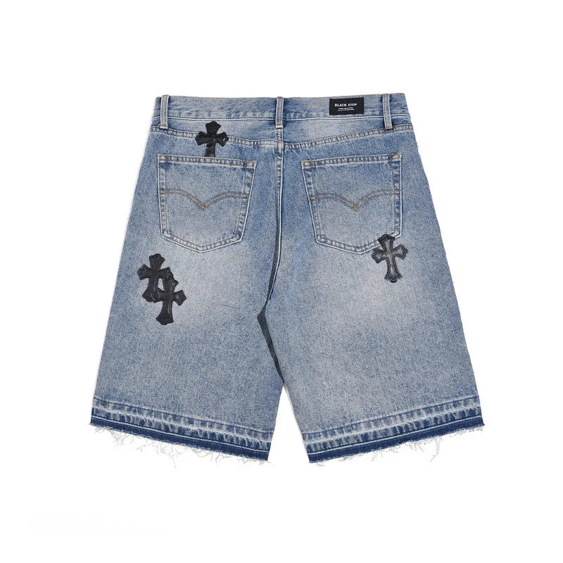 High Street Embroidered Leather Cross Denim Shorts