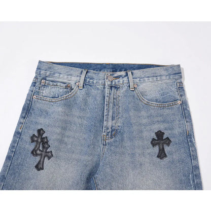 High Street Embroidered Leather Cross Denim Shorts