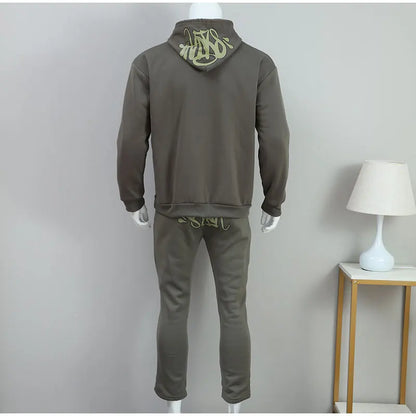 Men Cotton Printed Tracksuit 2PCS Set Hoodies Straight Pants