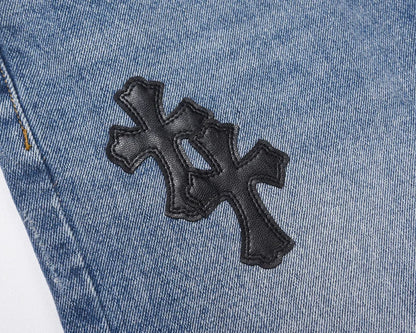 High Street Embroidered Leather Cross Denim Shorts