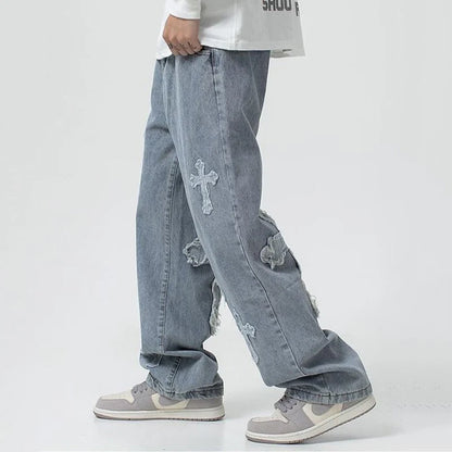 Vintage Men's Straight Jeans Hip Hop Cross