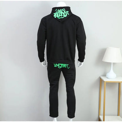 Men Cotton Printed Tracksuit 2PCS Set Hoodies Straight Pants