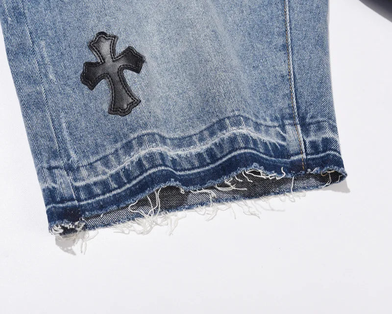 High Street Embroidered Leather Cross Denim Shorts