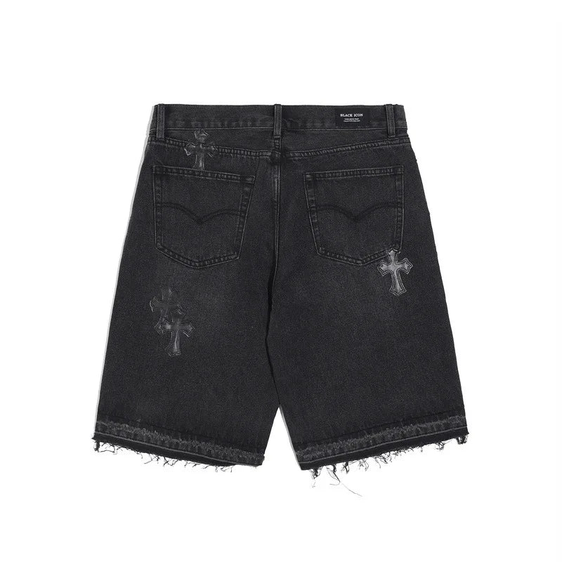 High Street Embroidered Leather Cross Denim Shorts