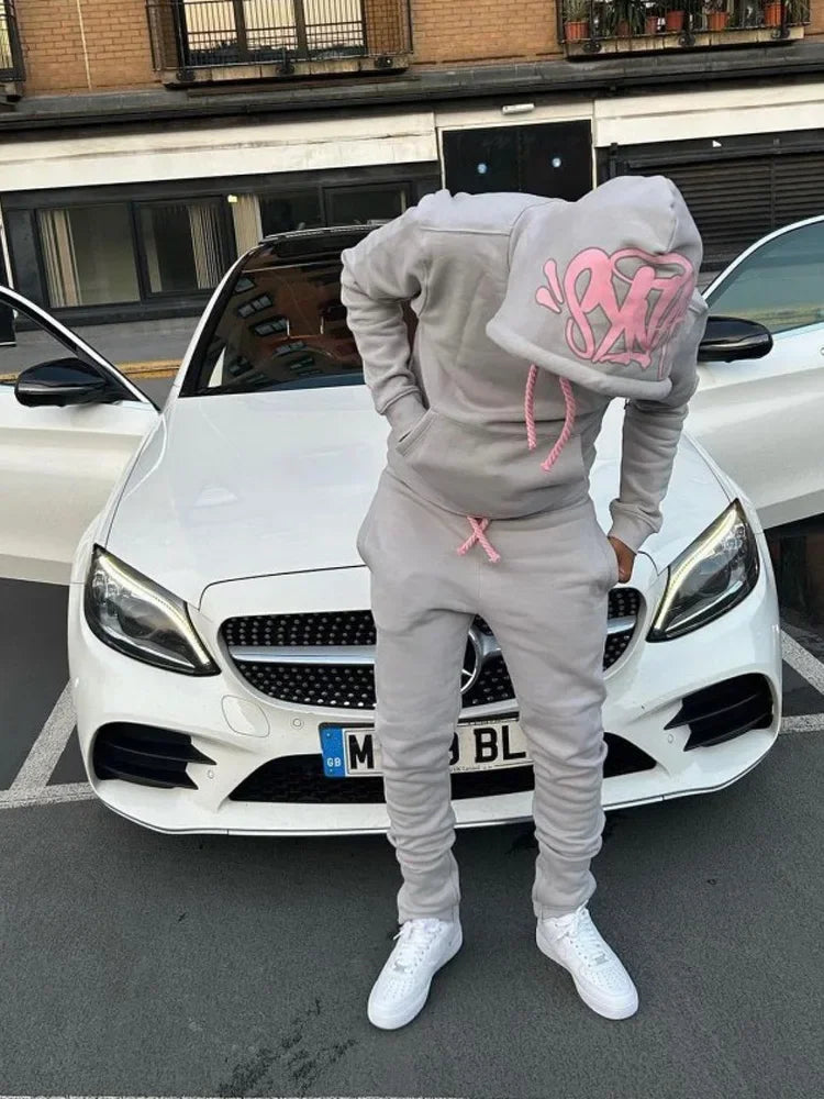 Men Cotton Printed Tracksuit 2PCS Set Hoodies Straight Pants