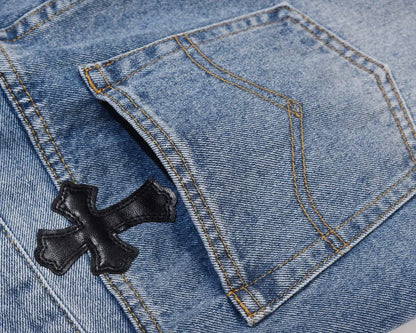 High Street Embroidered Leather Cross Denim Shorts