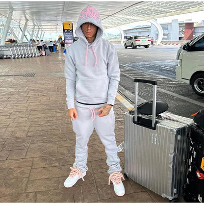 Men Cotton Printed Tracksuit 2PCS Set Hoodies Straight Pants