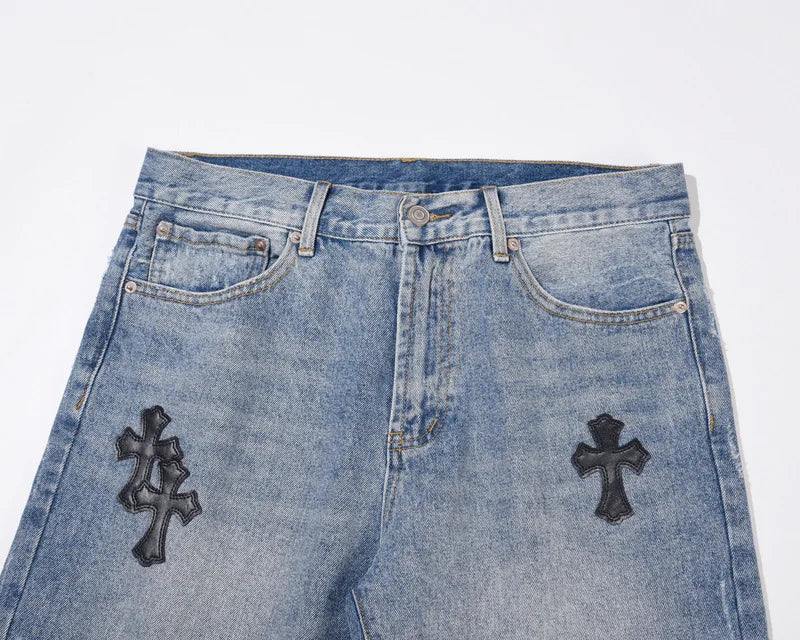 High Street Embroidered Leather Cross Denim Shorts