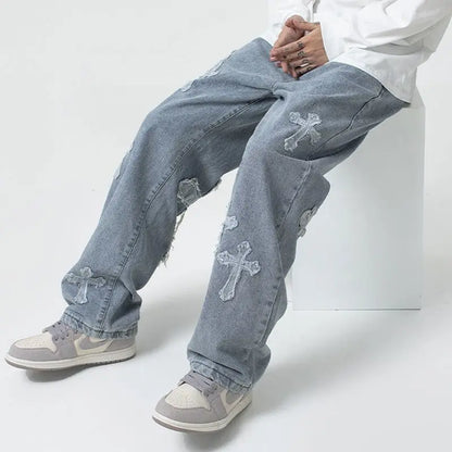 Vintage Men's Straight Jeans Hip Hop Cross